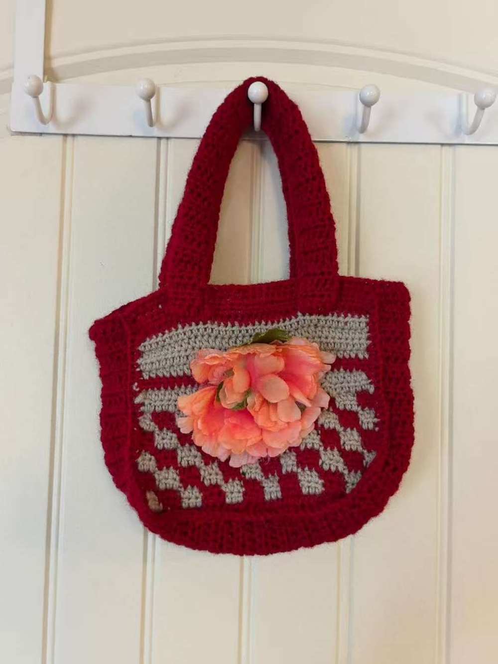 Red Crochet Tote with Coral Flower Accent